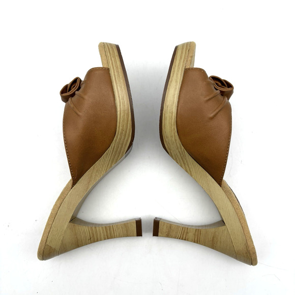 Vintage 00s Y2K Xhilaration Tan Faux Leather Wooden Block Heel Open Toe Pumps 8 - Picture 13 of 16